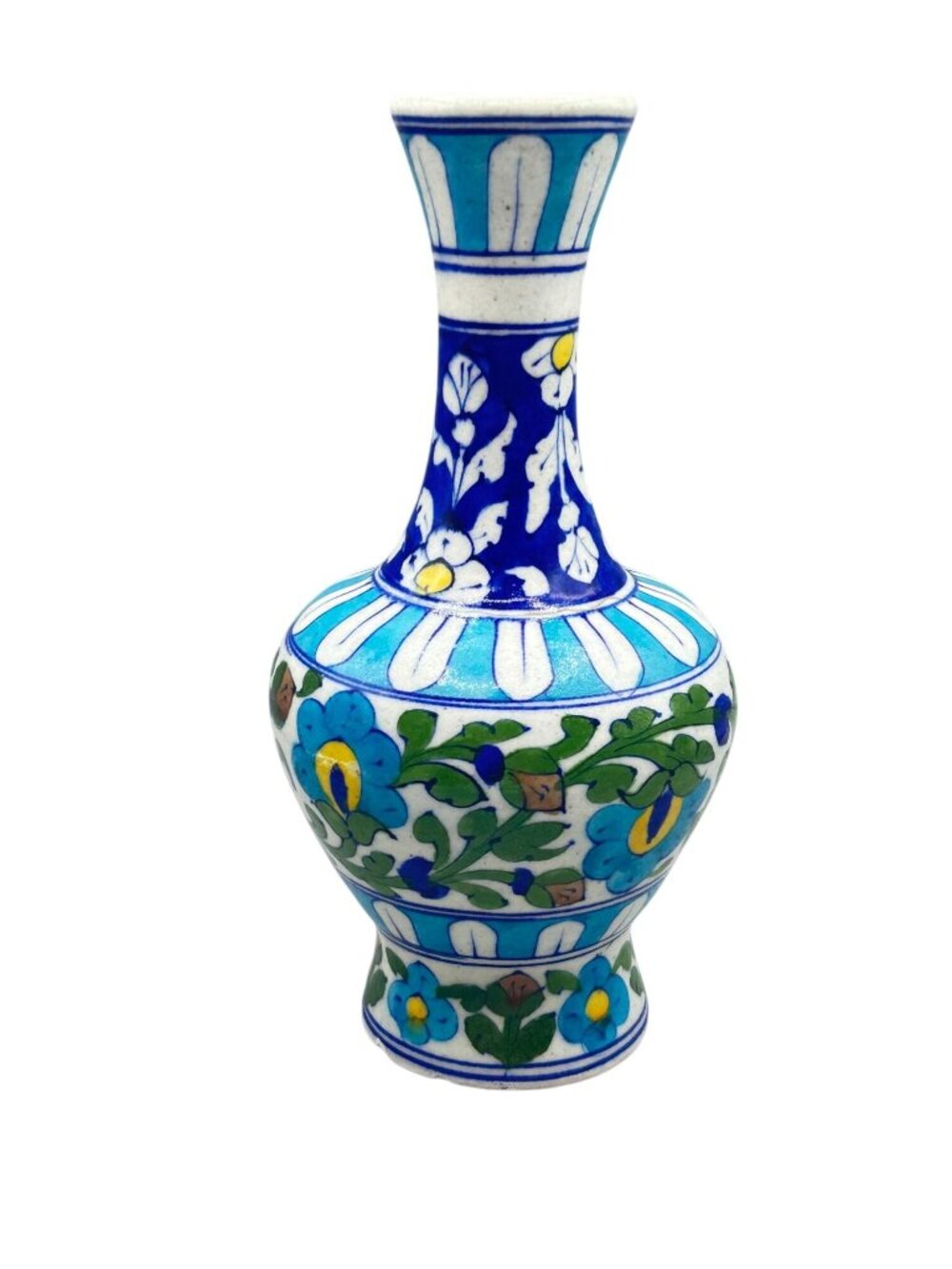 Vintage Indian Pottery Vase Hand Painted Blue Tones Floral Design 8" Tall
